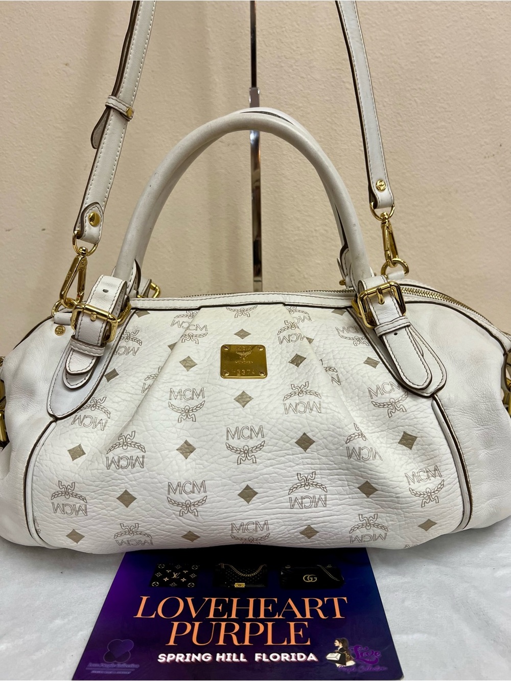 MCM White Leather Satchel with Gold Hardware